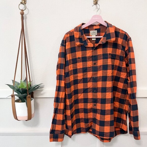 LL Bean Men's Wicked Slightly Fitted Soft Flannel Shirt Orange Check XL - Picture 1 of 4